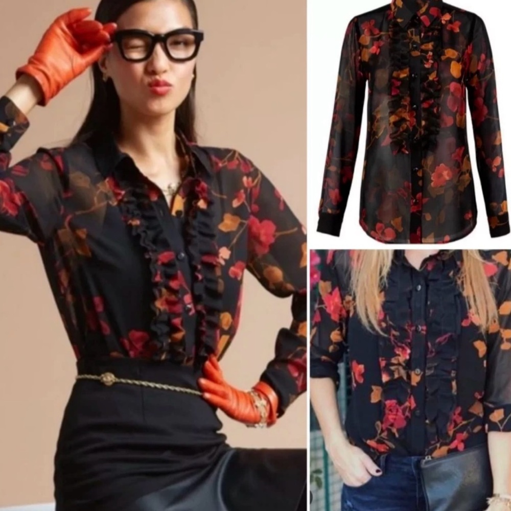 CAbi Black, Orange and Red Floral Ruffle Front Button Down Blouse - Picture 2 of 11